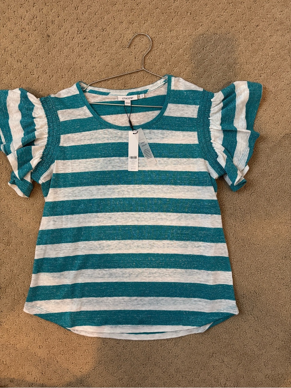 NWT Chico's Teal and White Striped Ruffle Sleeve Tee